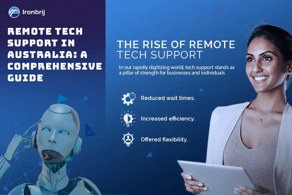 ironbrij-remote-tech-support-australia-comprehensive-guide-blue-background-robot-woman-with-tablet-rise-of-remote-tech-support-benefits-highlighted